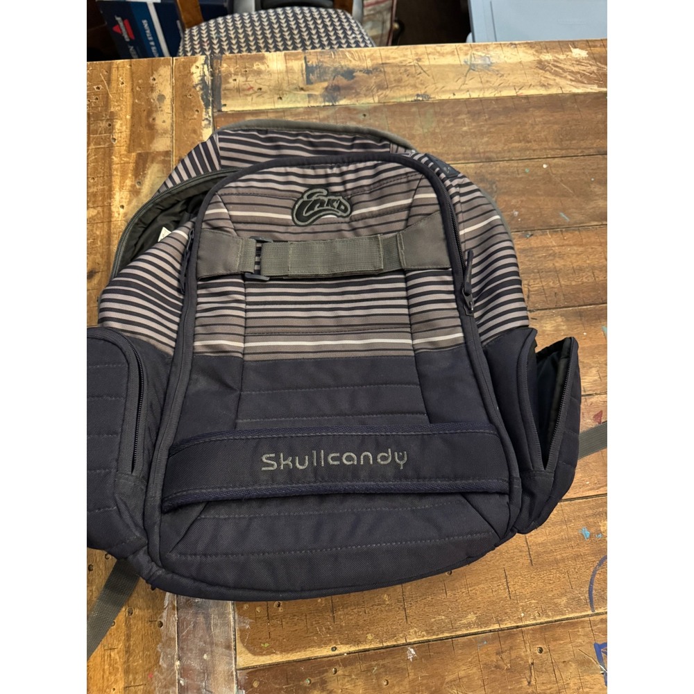 Skullcandy Backpack Black Grey Striped Multi Pocket School Travel Bag